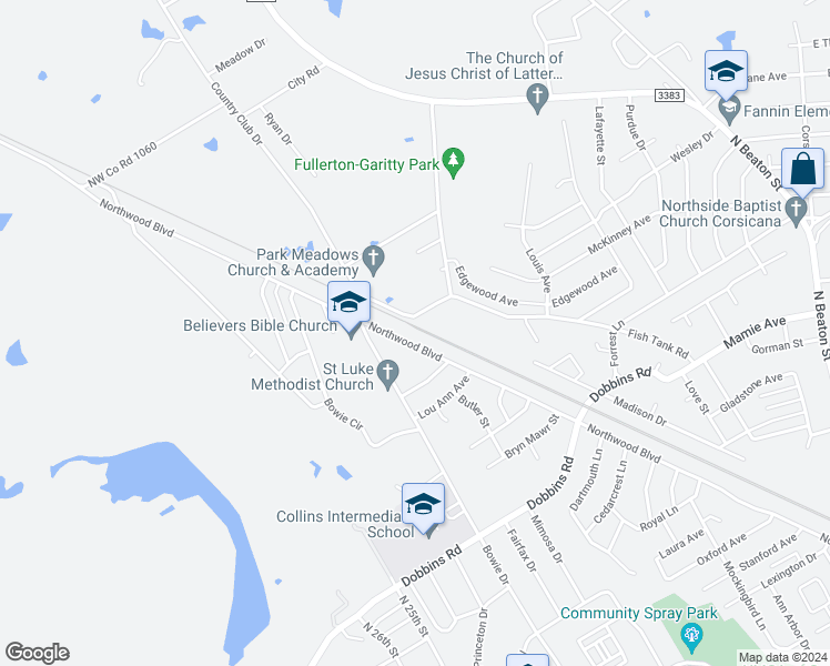 map of restaurants, bars, coffee shops, grocery stores, and more near 1300 Northwood Boulevard in Corsicana