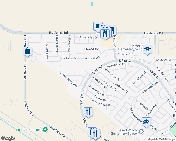 map of restaurants, bars, coffee shops, grocery stores, and more near 7630 South Meadow Spring Way in Tucson