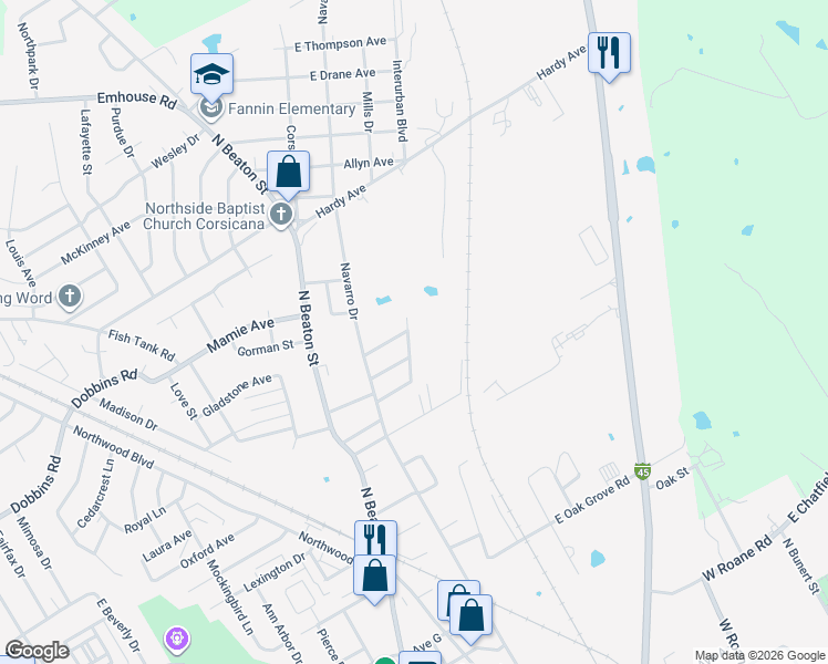 map of restaurants, bars, coffee shops, grocery stores, and more near 2113 Interurban Boulevard in Corsicana