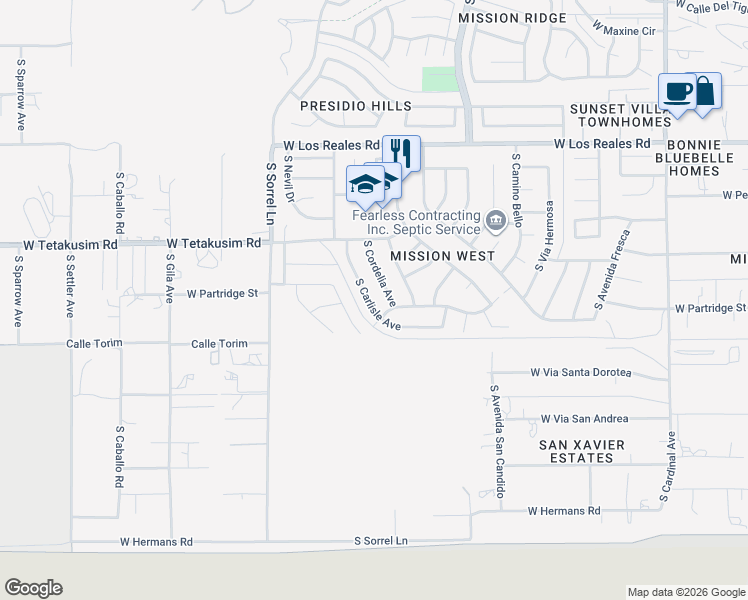 map of restaurants, bars, coffee shops, grocery stores, and more near 7609 South Carlisle Avenue in Tucson