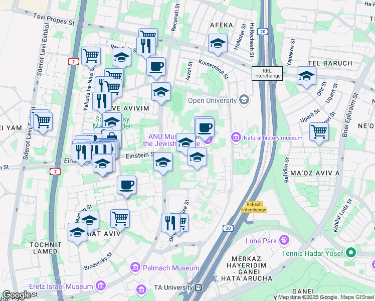 map of restaurants, bars, coffee shops, grocery stores, and more near 55 Chaim Levanon Street in Tel Aviv-Yafo