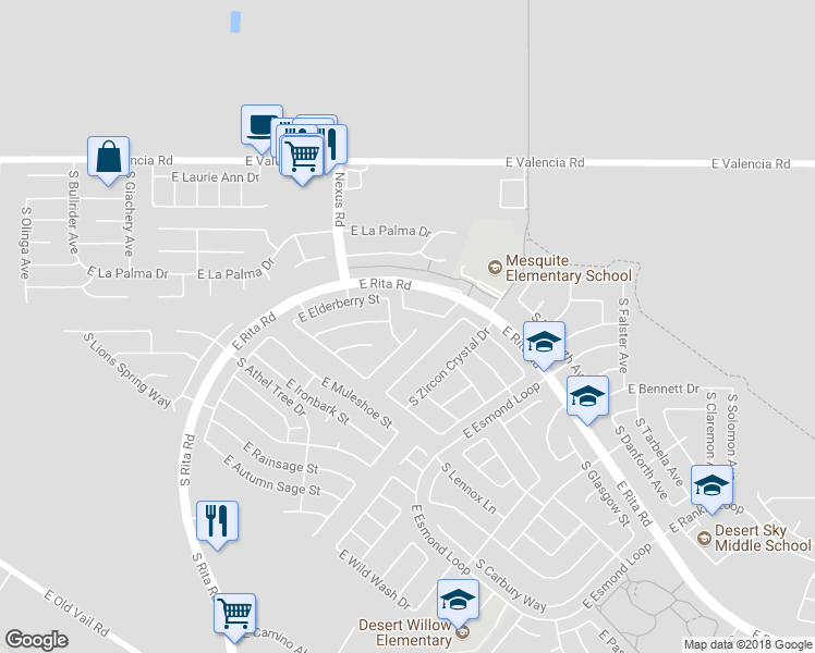 map of restaurants, bars, coffee shops, grocery stores, and more near 7624 South Gooseberry Way in Tucson