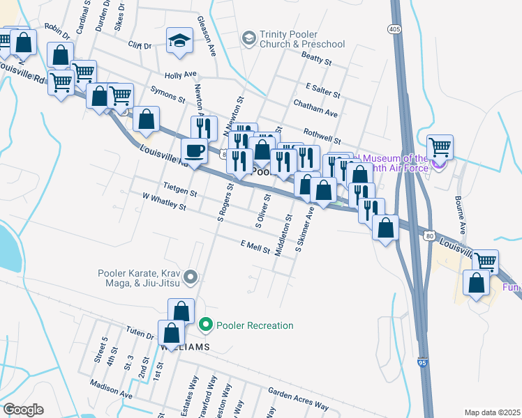 map of restaurants, bars, coffee shops, grocery stores, and more near 215 South Oliver Street in Pooler