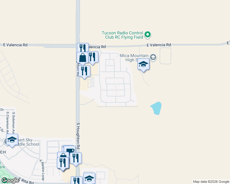 map of restaurants, bars, coffee shops, grocery stores, and more near 10544 East Feltleaf Willow Trail in Tucson