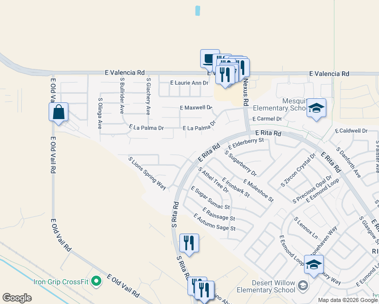 map of restaurants, bars, coffee shops, grocery stores, and more near 7630 South Meadow Spring Way in Tucson