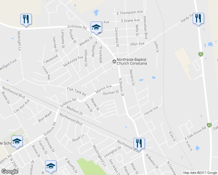 map of restaurants, bars, coffee shops, grocery stores, and more near 209 Mamie Avenue in Corsicana