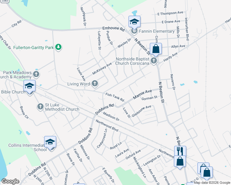 map of restaurants, bars, coffee shops, grocery stores, and more near 2629 Fish Tank Road in Corsicana