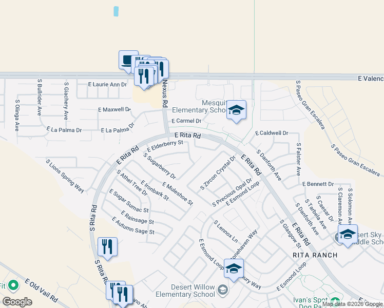 map of restaurants, bars, coffee shops, grocery stores, and more near 7624 South Gooseberry Way in Tucson