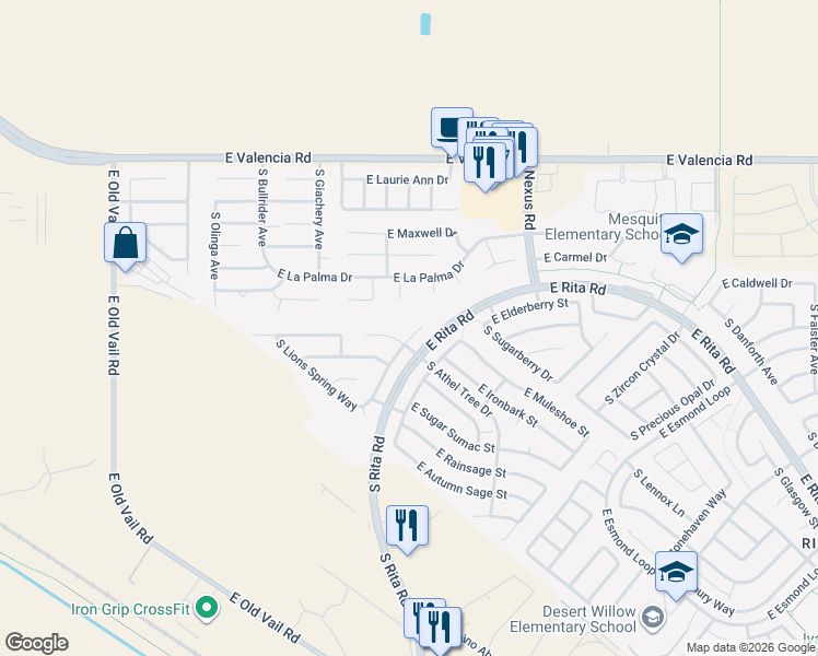 map of restaurants, bars, coffee shops, grocery stores, and more near 7630 South Meadow Spring Way in Tucson