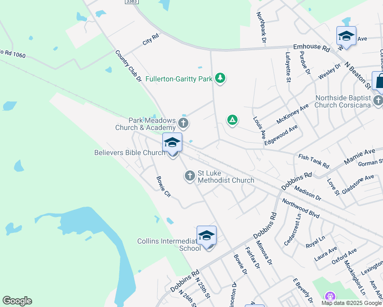 map of restaurants, bars, coffee shops, grocery stores, and more near 1400 Northwood Boulevard in Corsicana