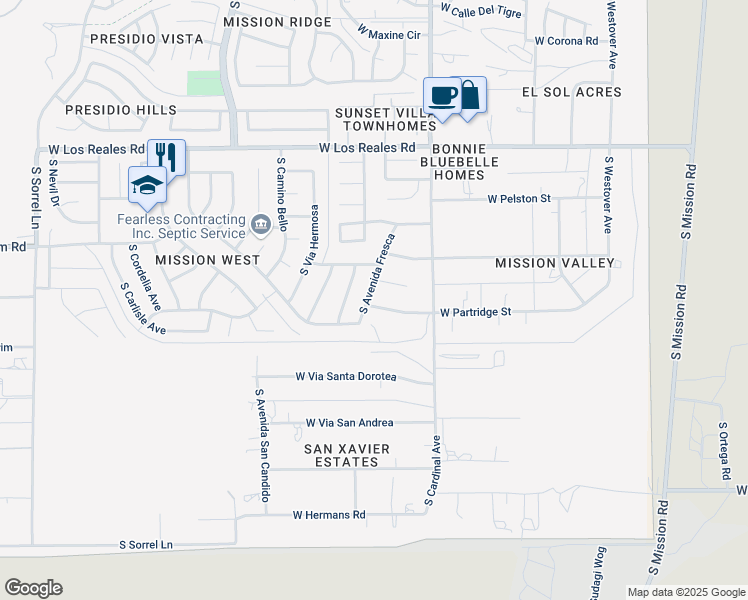 map of restaurants, bars, coffee shops, grocery stores, and more near 3020 West Partridge Street in Tucson