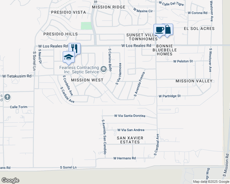 map of restaurants, bars, coffee shops, grocery stores, and more near 7601 South Via Hermosa in Tucson