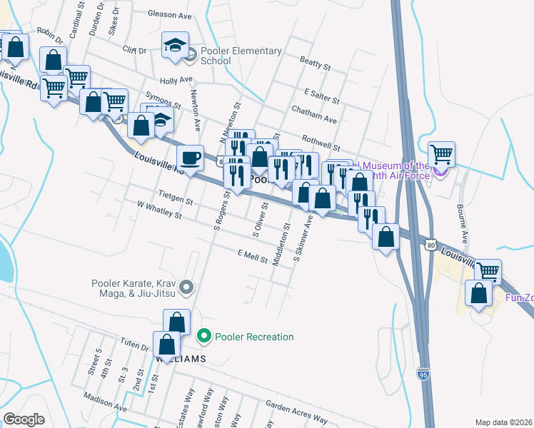 map of restaurants, bars, coffee shops, grocery stores, and more near 215 South Oliver Street in Pooler