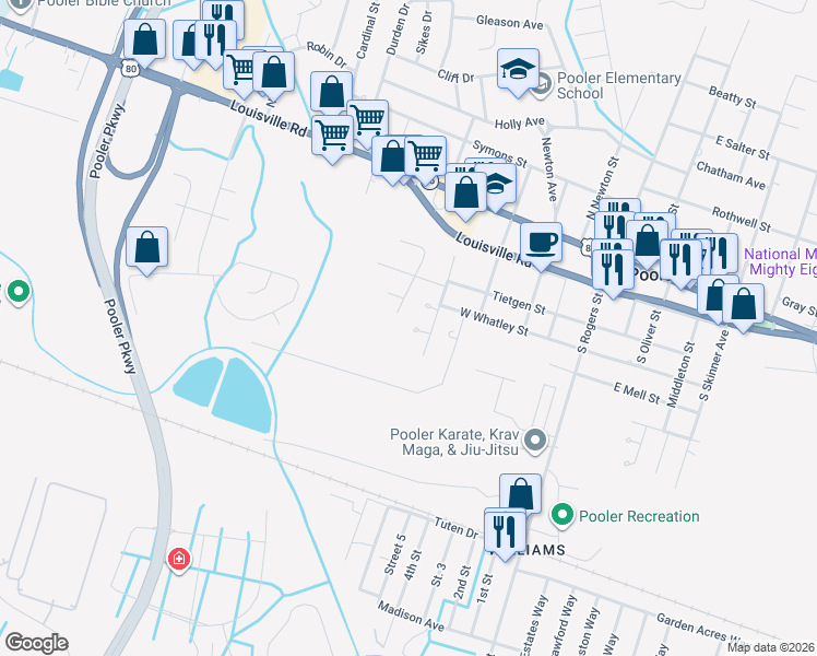 map of restaurants, bars, coffee shops, grocery stores, and more near 510 James Court in Pooler