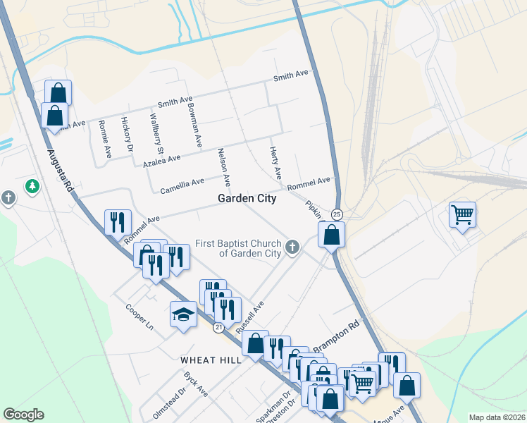 map of restaurants, bars, coffee shops, grocery stores, and more near 66 Nelson Avenue in Savannah