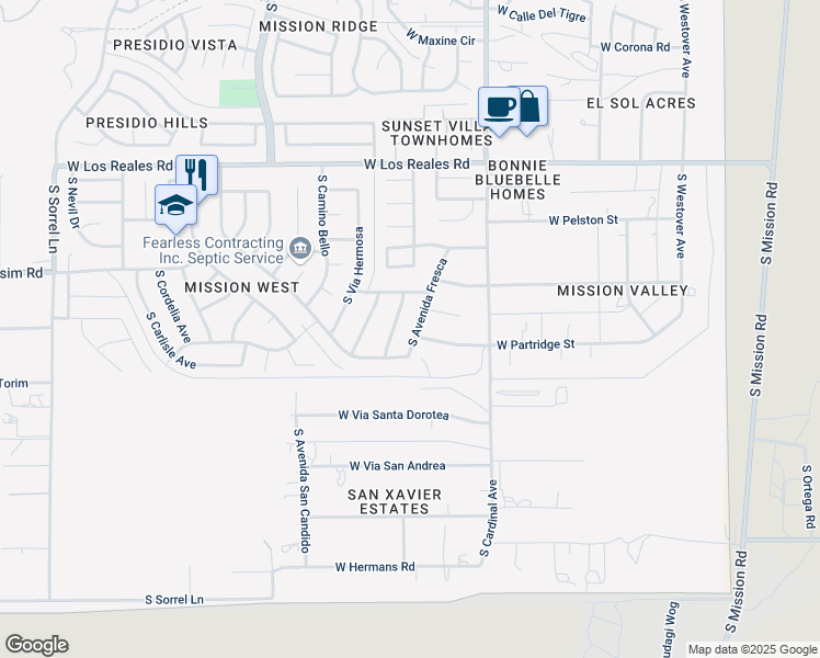 map of restaurants, bars, coffee shops, grocery stores, and more near 3020 West Partridge Street in Tucson