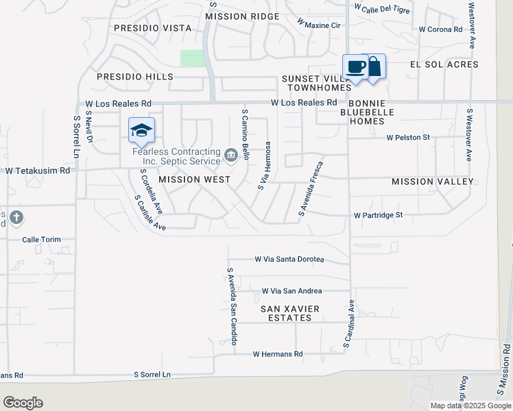 map of restaurants, bars, coffee shops, grocery stores, and more near 7601 South Via Hermosa in Tucson