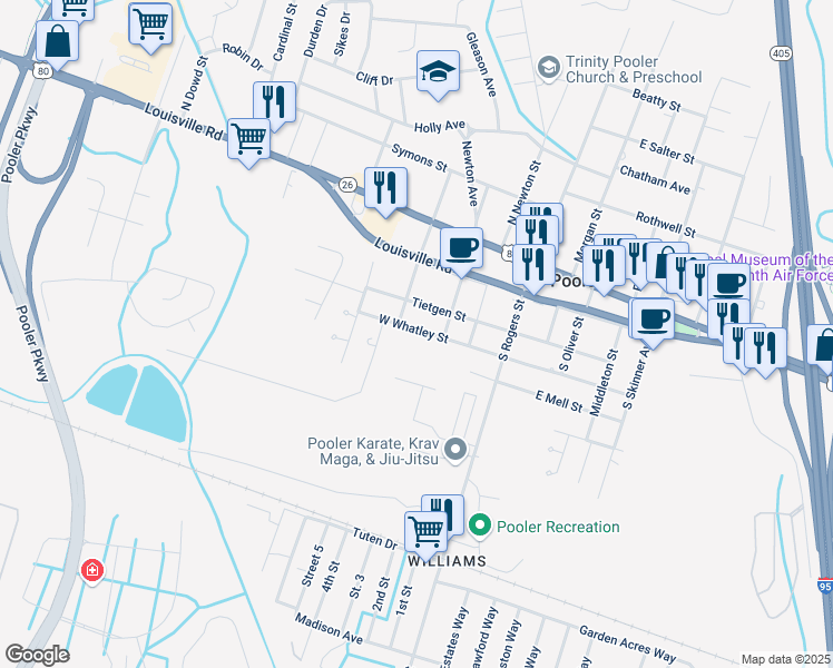 map of restaurants, bars, coffee shops, grocery stores, and more near 319 West Whatley Street in Pooler