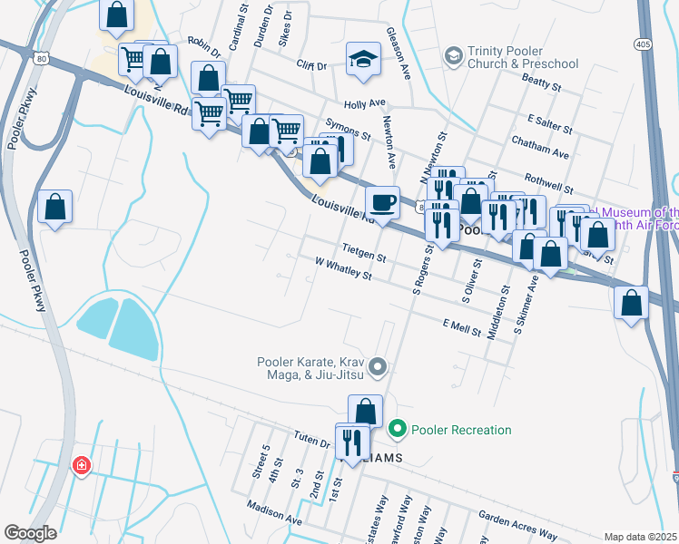 map of restaurants, bars, coffee shops, grocery stores, and more near 319 West Whatley Street in Pooler