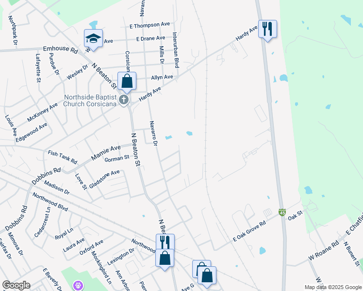 map of restaurants, bars, coffee shops, grocery stores, and more near 2113 Interurban Boulevard in Corsicana