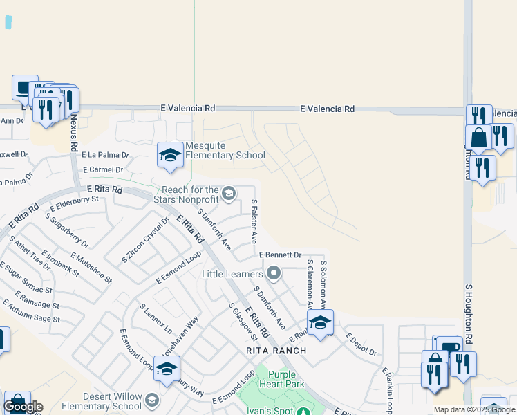 map of restaurants, bars, coffee shops, grocery stores, and more near 7581 South Falster Avenue in Tucson