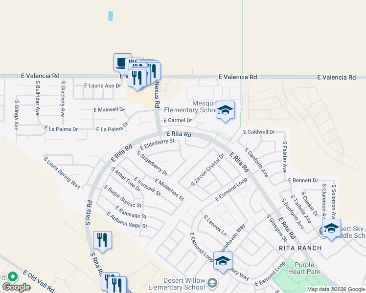 map of restaurants, bars, coffee shops, grocery stores, and more near 7624 South Gooseberry Way in Tucson