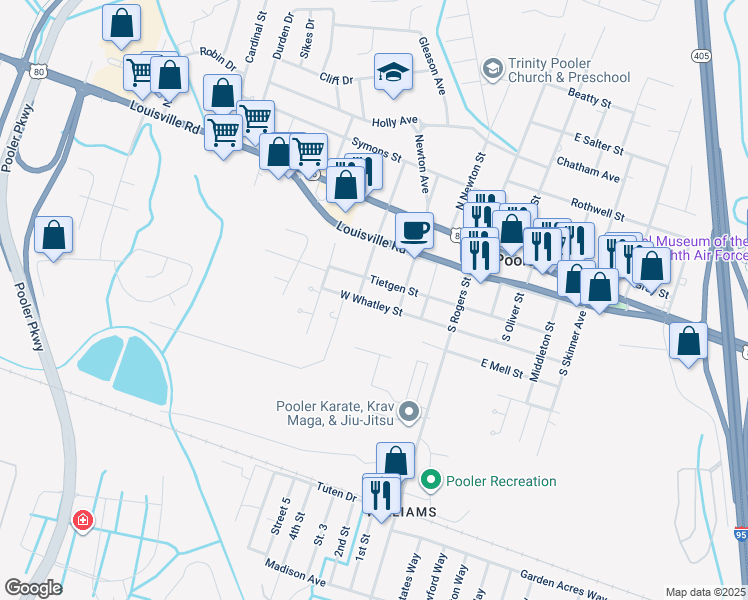map of restaurants, bars, coffee shops, grocery stores, and more near 319 West Whatley Street in Pooler
