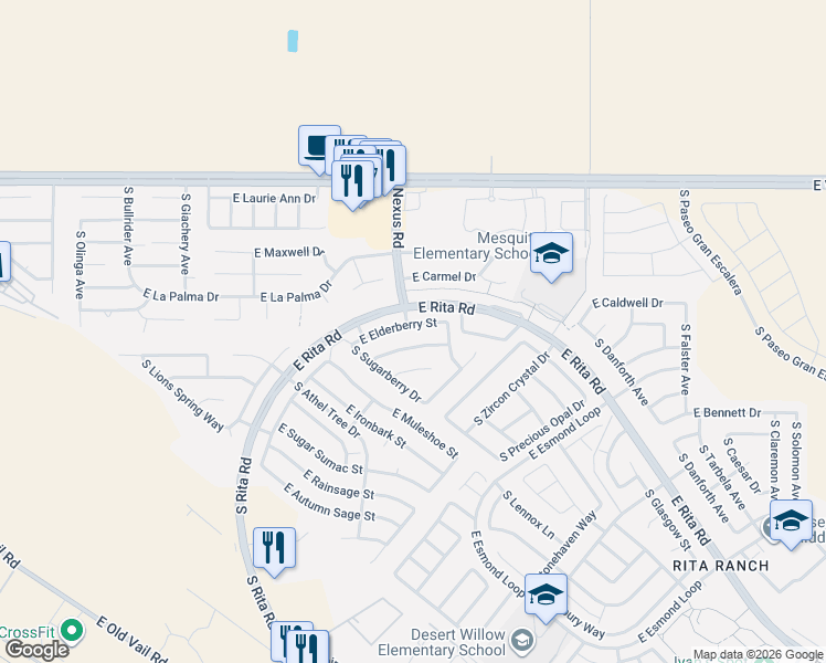 map of restaurants, bars, coffee shops, grocery stores, and more near 9174 East Elderberry Street in Tucson