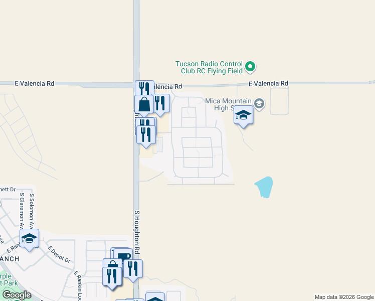 map of restaurants, bars, coffee shops, grocery stores, and more near 10500 East Carolina Willow Lane in Tucson