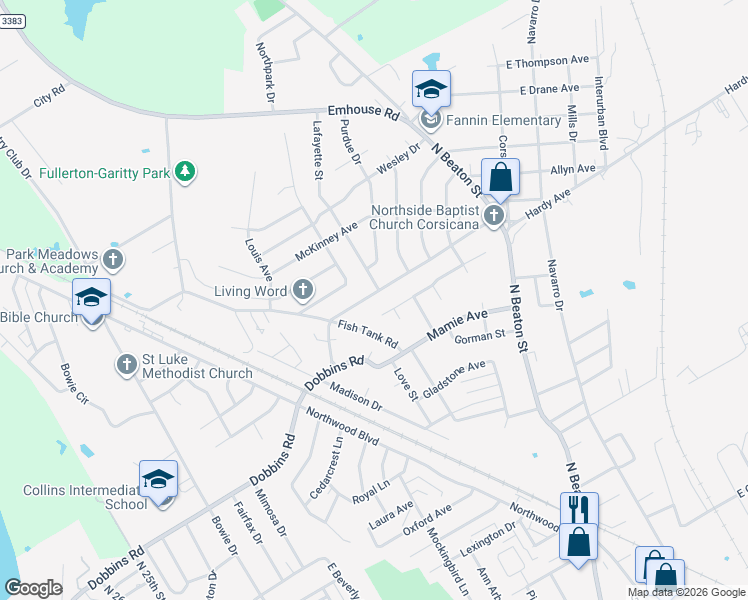 map of restaurants, bars, coffee shops, grocery stores, and more near 2804 Lafayette Street in Corsicana