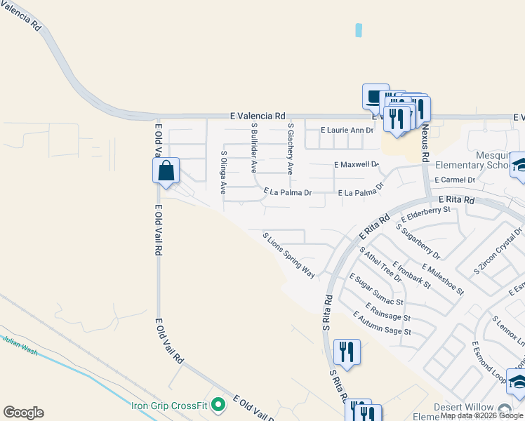 map of restaurants, bars, coffee shops, grocery stores, and more near 7542 South Dunbar Court in Tucson