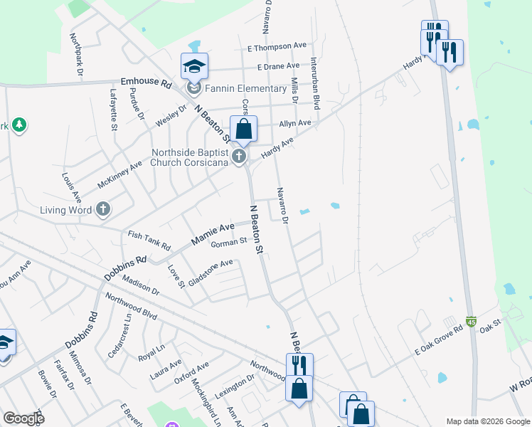 map of restaurants, bars, coffee shops, grocery stores, and more near 2416 Navarro Drive in Corsicana