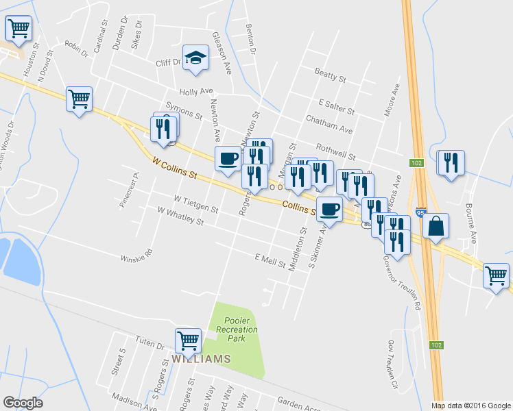 map of restaurants, bars, coffee shops, grocery stores, and more near 181 Collins Street in Pooler