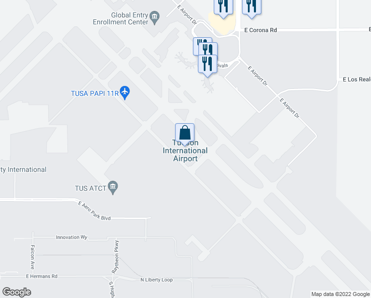 map of restaurants, bars, coffee shops, grocery stores, and more near 7250 South Tucson Boulevard in Tucson