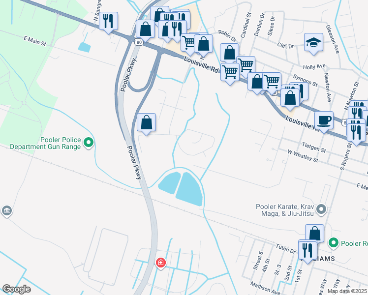 map of restaurants, bars, coffee shops, grocery stores, and more near 306 Brighton Woods Drive in Pooler