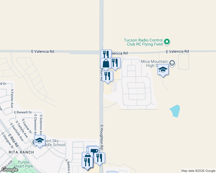 map of restaurants, bars, coffee shops, grocery stores, and more near 7545 Houghton Greenway in Tucson