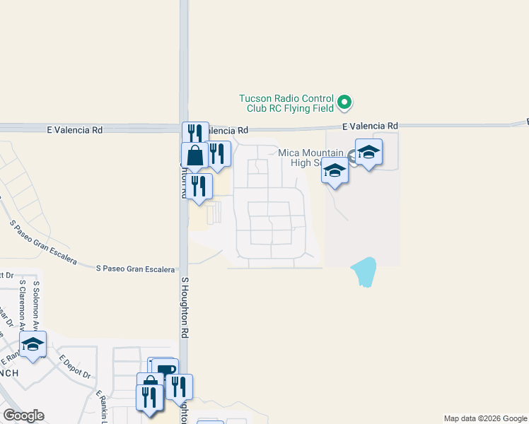 map of restaurants, bars, coffee shops, grocery stores, and more near 10531 East Carolina Willow Lane in Tucson