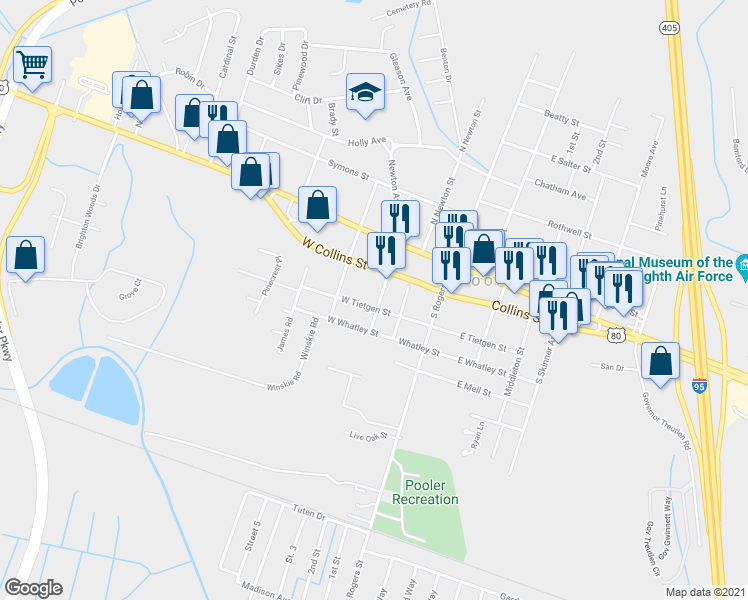 map of restaurants, bars, coffee shops, grocery stores, and more near 306 West Tietgen Street in Pooler