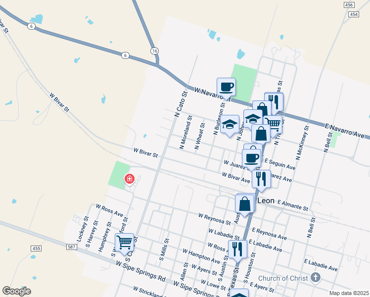 map of restaurants, bars, coffee shops, grocery stores, and more near 501 North Moreland Street in De Leon