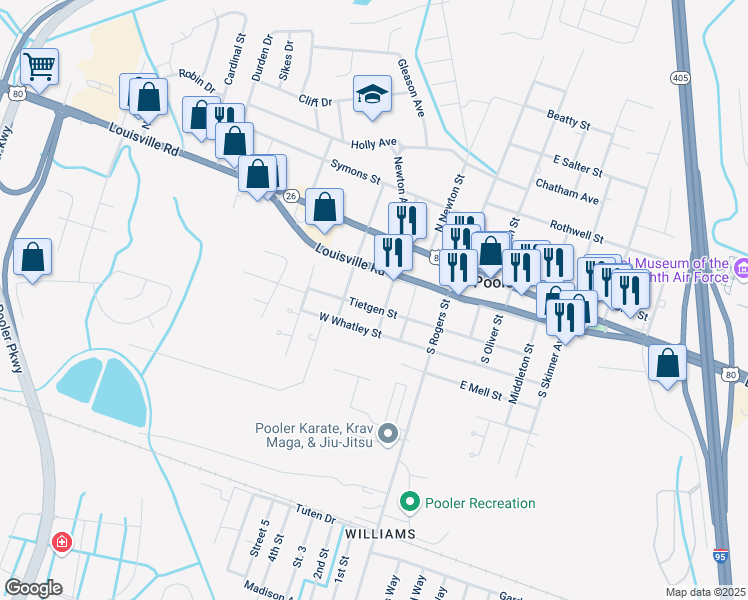 map of restaurants, bars, coffee shops, grocery stores, and more near 306 West Tietgen Street in Pooler