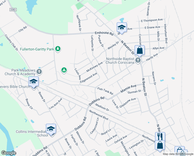 map of restaurants, bars, coffee shops, grocery stores, and more near 504 Oakridge Drive in Corsicana