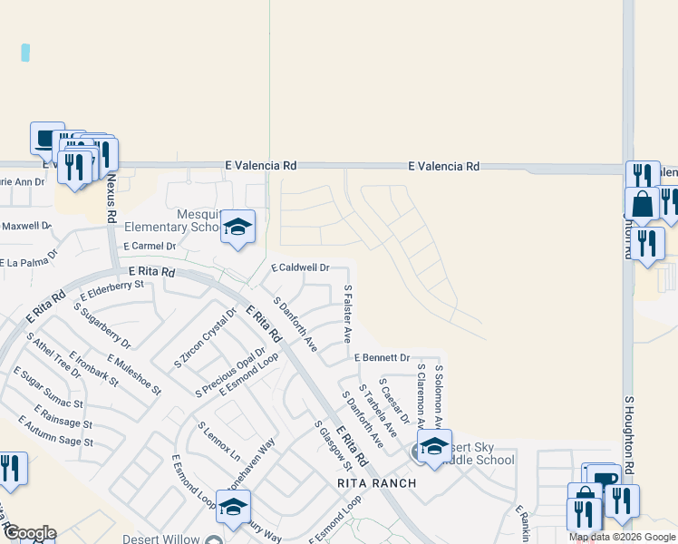 map of restaurants, bars, coffee shops, grocery stores, and more near 9640 East Caldwell Drive in Tucson