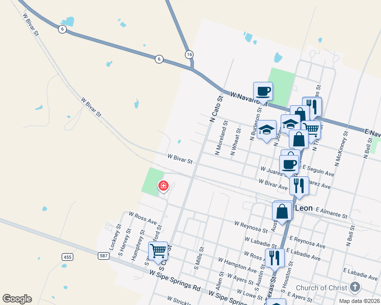 map of restaurants, bars, coffee shops, grocery stores, and more near 832 Tumbleweed Avenue in De Leon