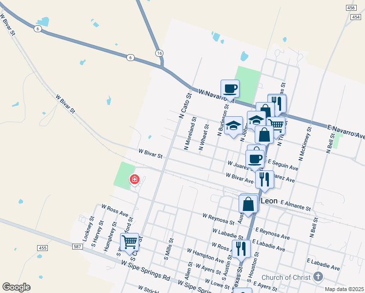 map of restaurants, bars, coffee shops, grocery stores, and more near 501 North Moreland Street in De Leon