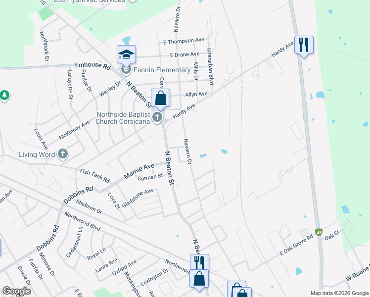 map of restaurants, bars, coffee shops, grocery stores, and more near 2416 Navarro Drive in Corsicana