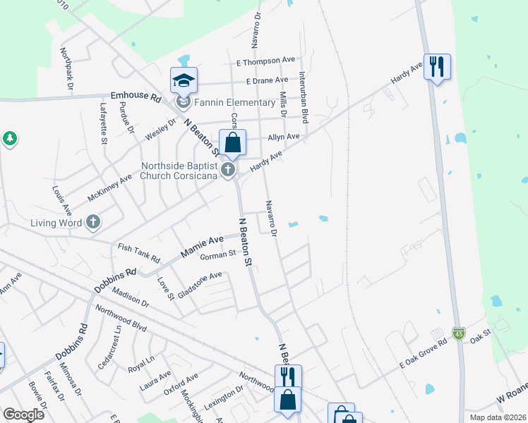 map of restaurants, bars, coffee shops, grocery stores, and more near 2416 Navarro Drive in Corsicana
