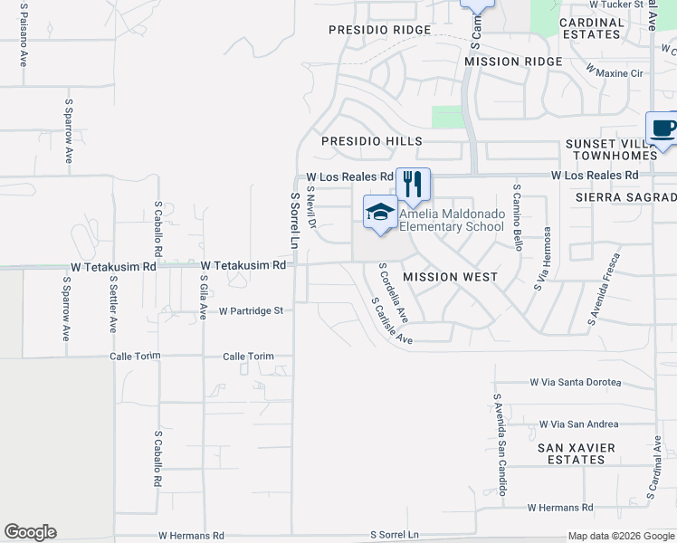 map of restaurants, bars, coffee shops, grocery stores, and more near 3676 West Fitzwater Court in Tucson