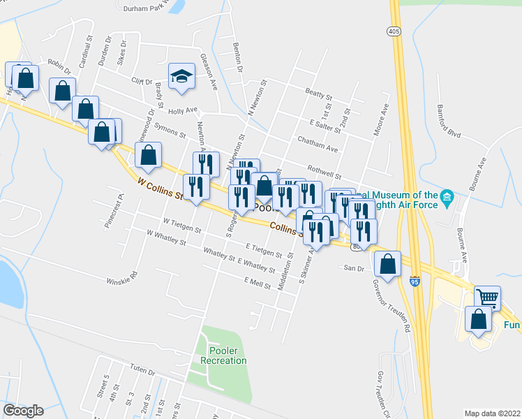 map of restaurants, bars, coffee shops, grocery stores, and more near 125 U.S. 80 in Pooler