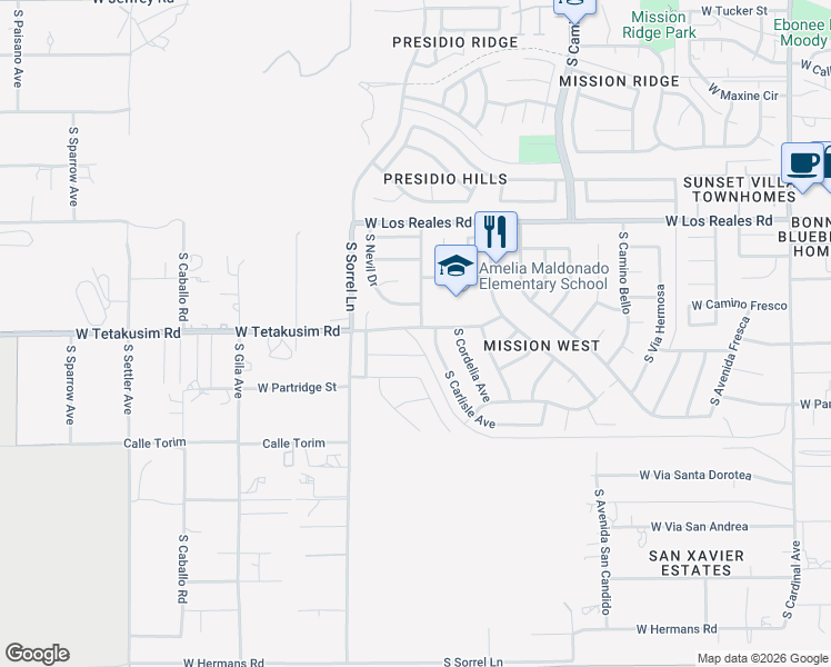 map of restaurants, bars, coffee shops, grocery stores, and more near 3676 West Fitzwater Court in Tucson