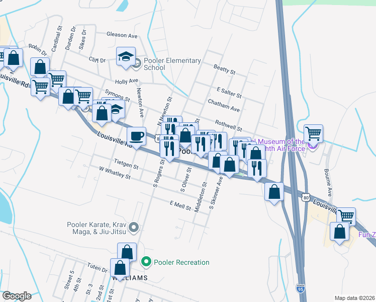 map of restaurants, bars, coffee shops, grocery stores, and more near in Pooler
